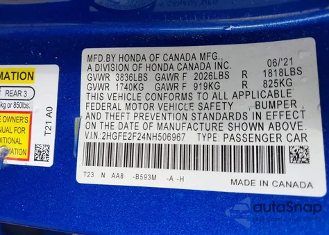 2022 Honda Civic Lx from USA, damaged, VIN 2HGFE2F24NH506967